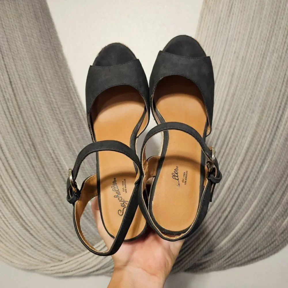 Seychelles Black Woven Espadrille Wedge Heels Sz 8.5